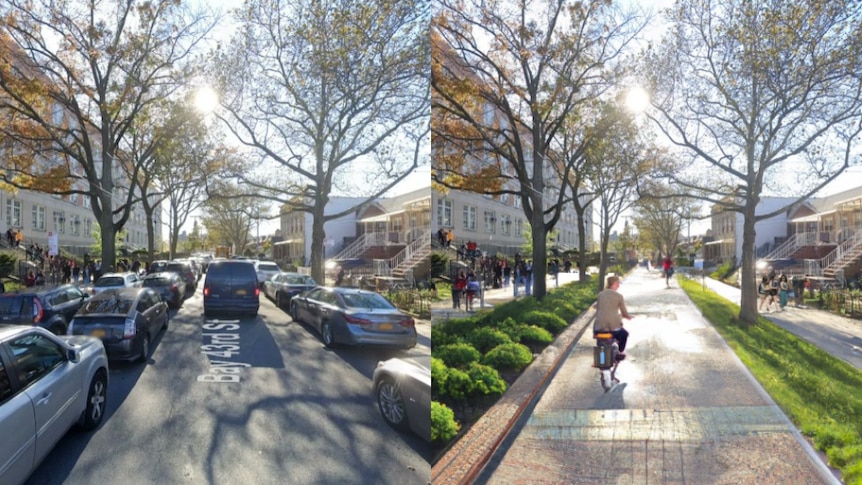 A composite showing the same street, on the left with a road driving down a car and on the right a person on a bike path.