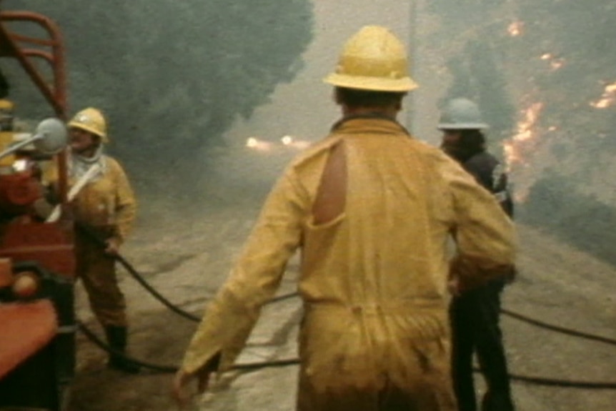 A firefighter in yellow suit faces away from camera towards other firefighters and truck on a dirt road.