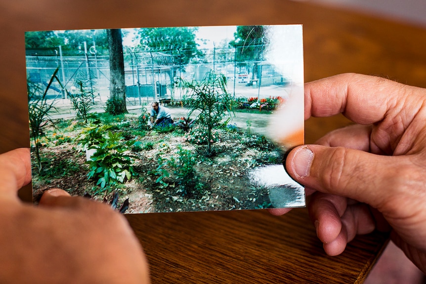 Colour photograph of hands holding a photograph of Hassan Sabbagh gardening in Villawood Detention Centre.