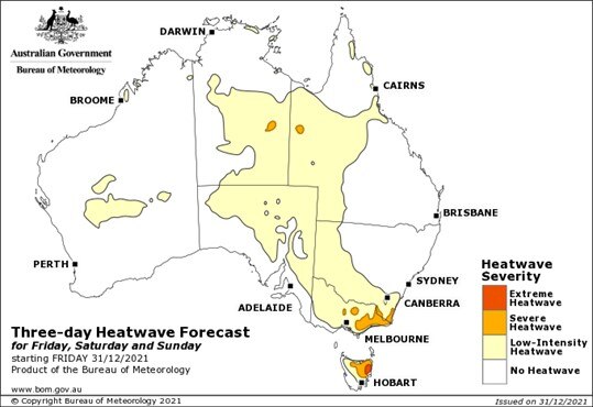 A map of Australia shows heatwave predictions for 2021.