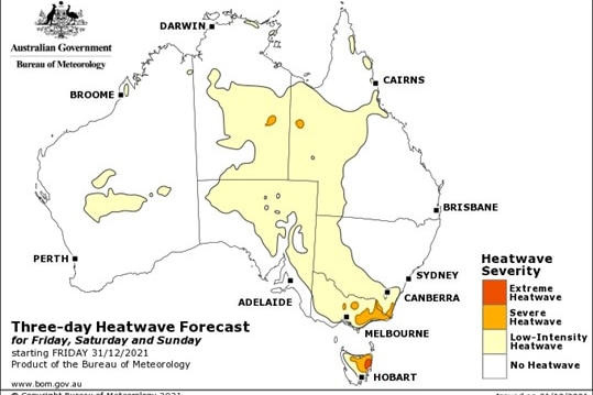A map of Australia shows heatwave predictions for 2021.