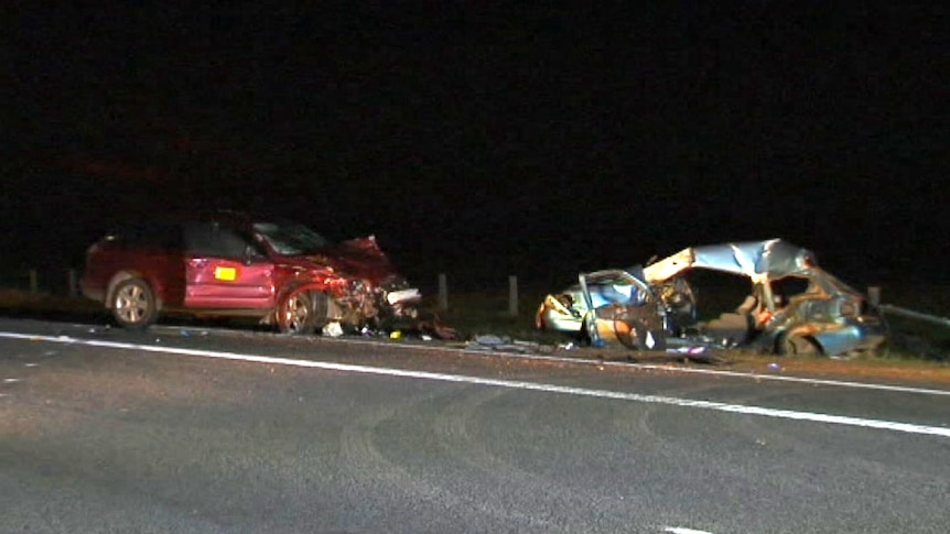 The wreckage of two cars involved in a fatal car smash in Pinjarra.