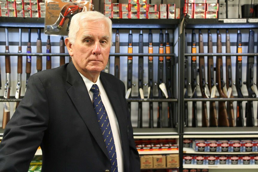 Sporting Shooters' Association of Australia president Geoff Jones at Qld Shooter's Supplies gun shop in Ipswich.