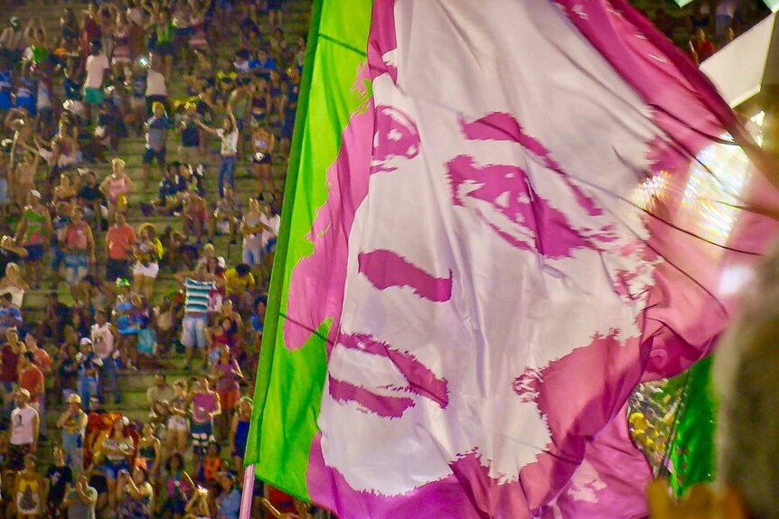 A large pink, green and white flag carries a stylised image of a woman