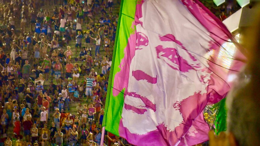 A large pink, green and white flag carries a stylised image of a woman