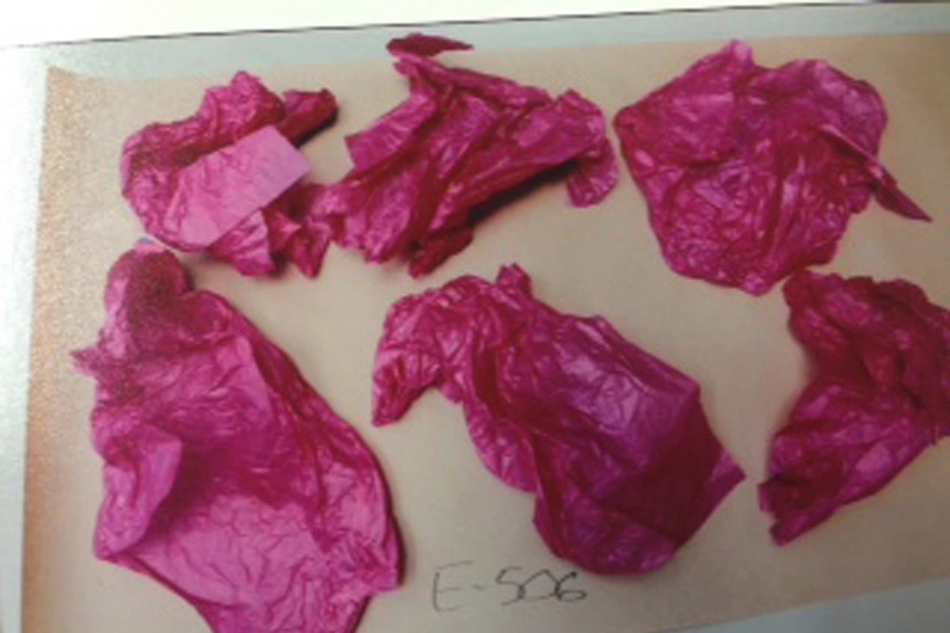 A photo of six crumpled pieces of pink tissue paper.