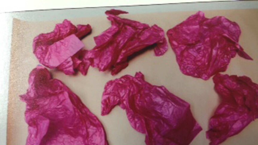 A photo of six crumpled pieces of pink tissue paper.