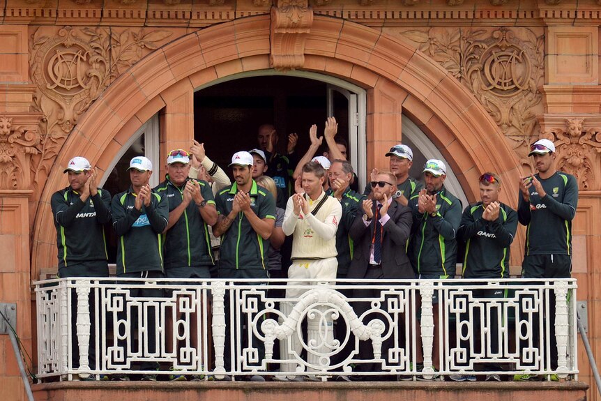 Michael Clarke and the Australian team clap off Steve Smith and Chris Rogers