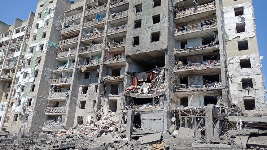 View of destroyed apartment complex.