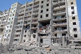 View of destroyed apartment complex.