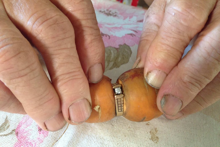 Two hands hold a carrot grown through the middle of a diamond ring