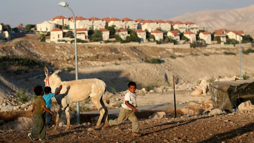 Palestinian Bedouin children are seen near the Jewish settlement of Maaleh Adumim.