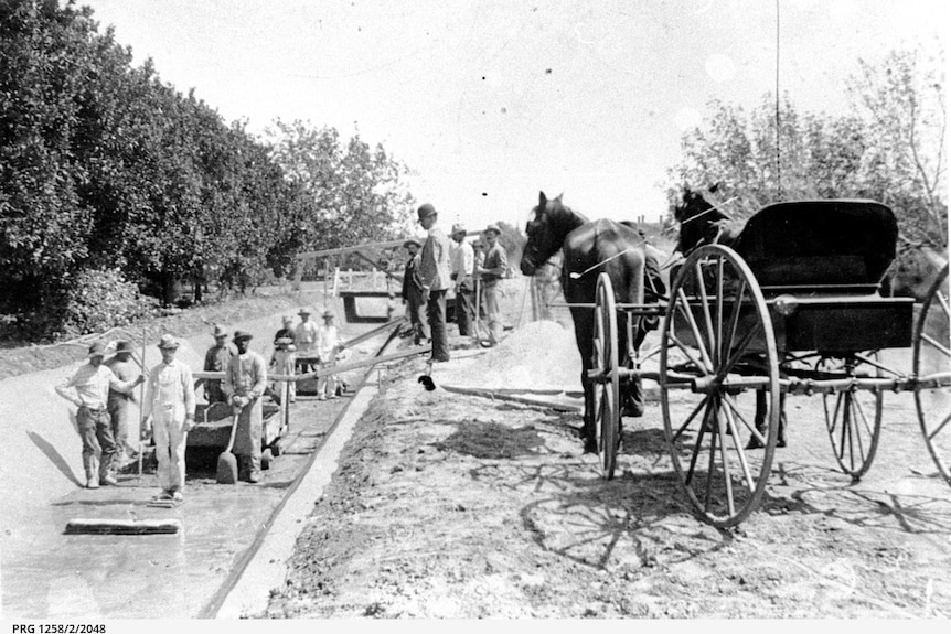 horses, men with shovels making an irrigation channel in a town.
