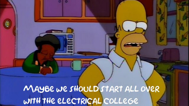 Apu sits, head in hands, while Homer stands, hands on hips, saying "maybe we should start all over with the electrical college"