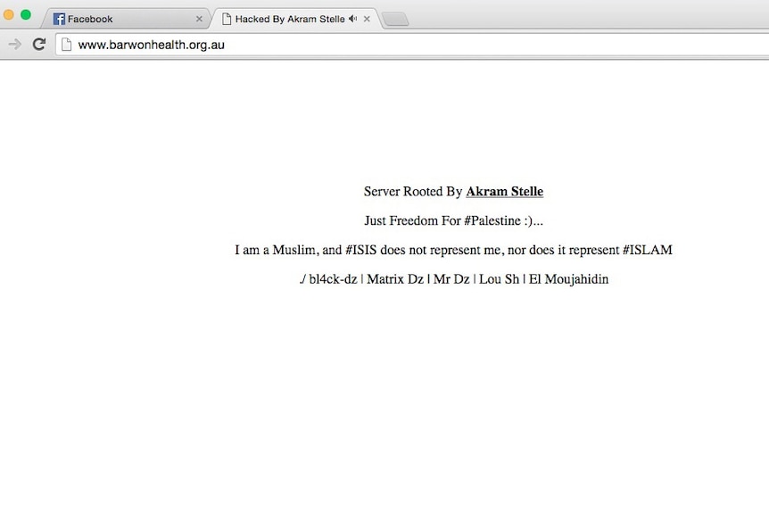 A screenshot of Barwon Health's website after it was apparently hacked by a Palestinian supporter.