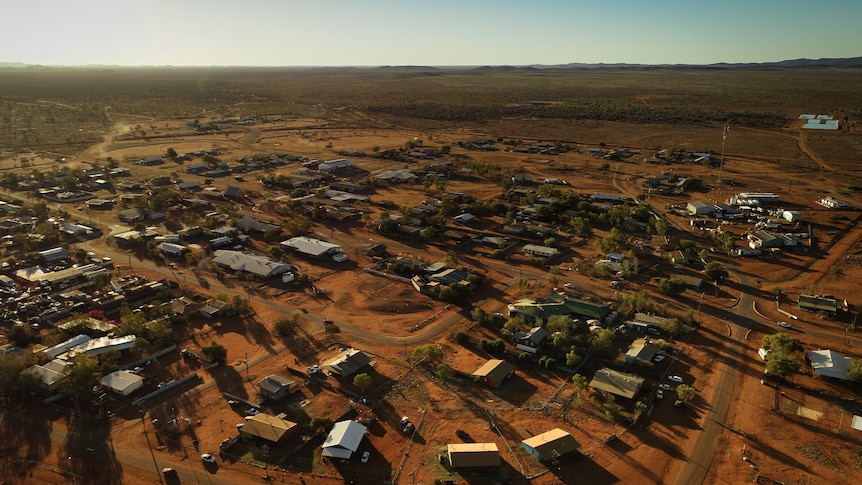 The remote community of Yuendumu in Central Australia, seen from above.
