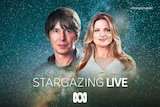 Stargazing Live hero artwork: Brian Cox and Julia Zemiro on a background of stars