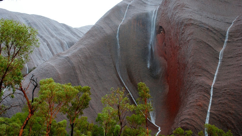 Rain creates instant waterfalls on the huge rock face of Uluru