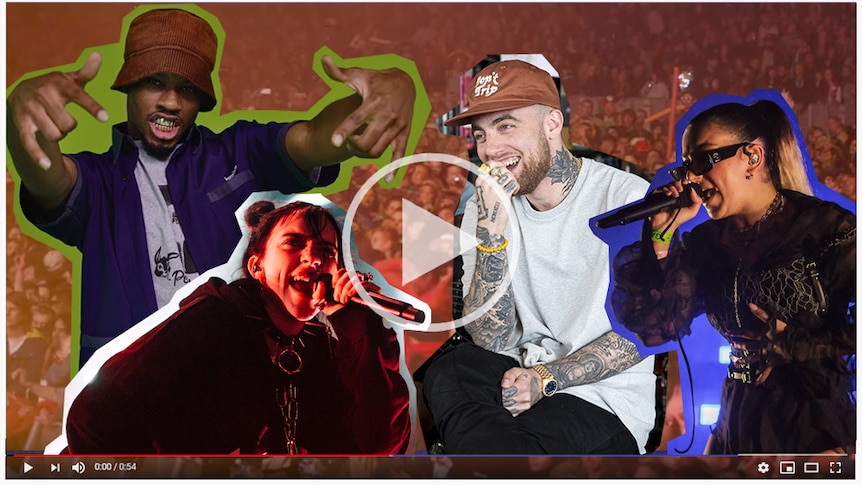 A fake thumbnail featuring Denzel Curry, Mac Miller, Billie Eilish, and Charli XCX