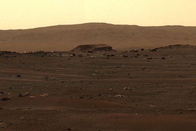 A mountain range and delta are seen on Mars