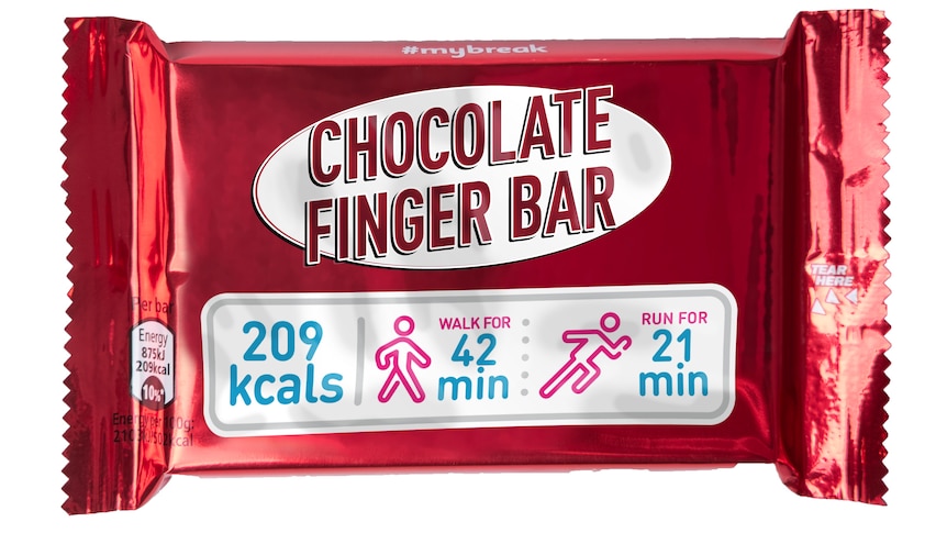 Chocolate bar with food label showing figure running and walking with calories listed