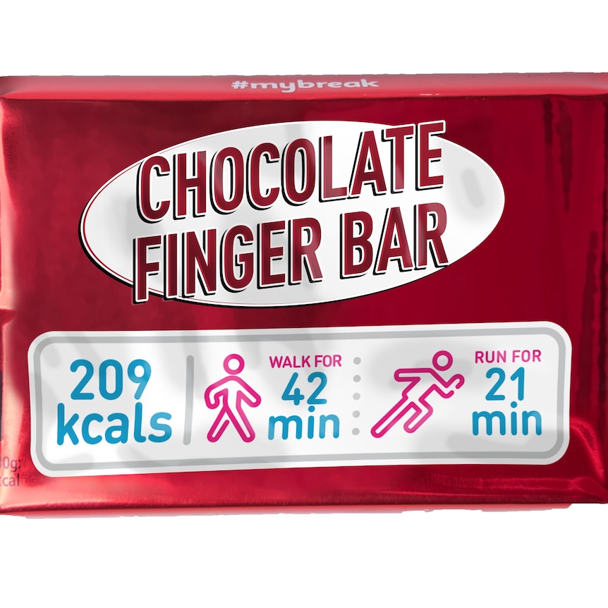 Chocolate bar with food label showing figure running and walking with calories listed