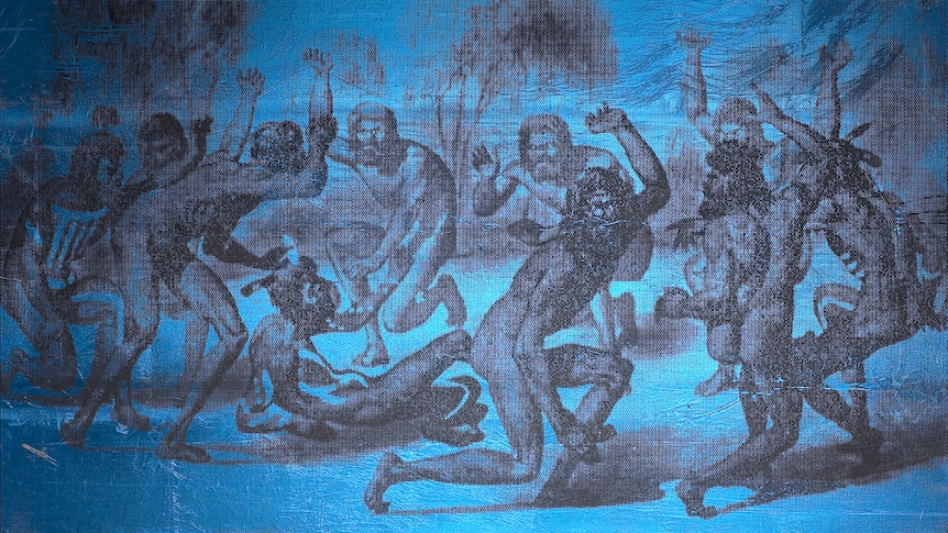 screenprint on blue metallic foil on canvas of image from Prussian zoologist & naturalist Wilhelm Blandowski's 1862 photo book.