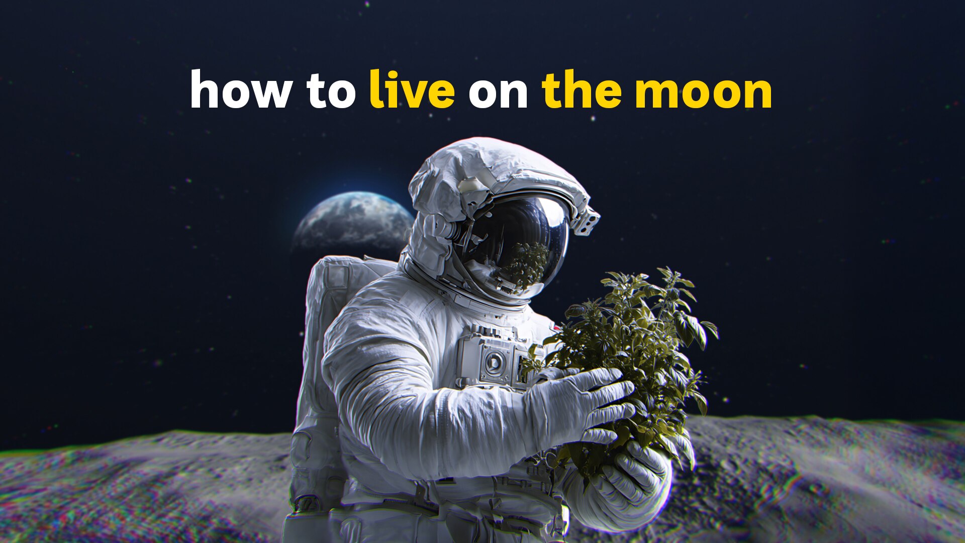 An astronaut in full suit and helmet holding a small basil herb plant on the moon.