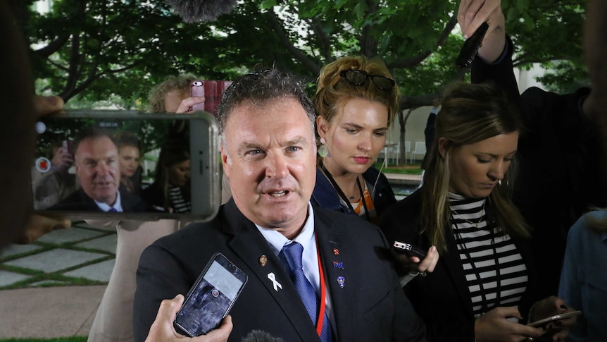 One Nation senator Rod Culleton speaks to reporters in the Parliament House courtyard