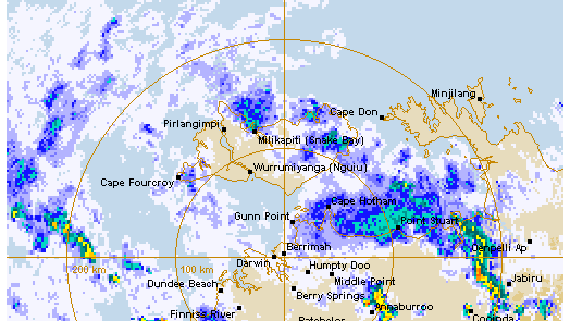 A radar image of the Northern Territory coast showing rain forming in the north.