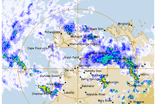 A radar image of the Northern Territory coast showing rain forming in the north.