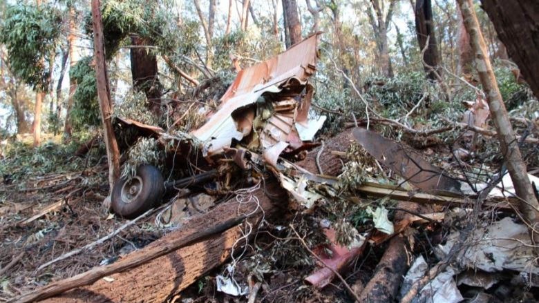 Wreckage of a burnt-out plane in the bush.