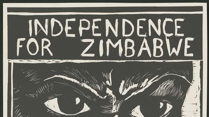 A black and white poster shows a close-up image of a Zimbabwean that reads 'Independence for Zimbabwe'