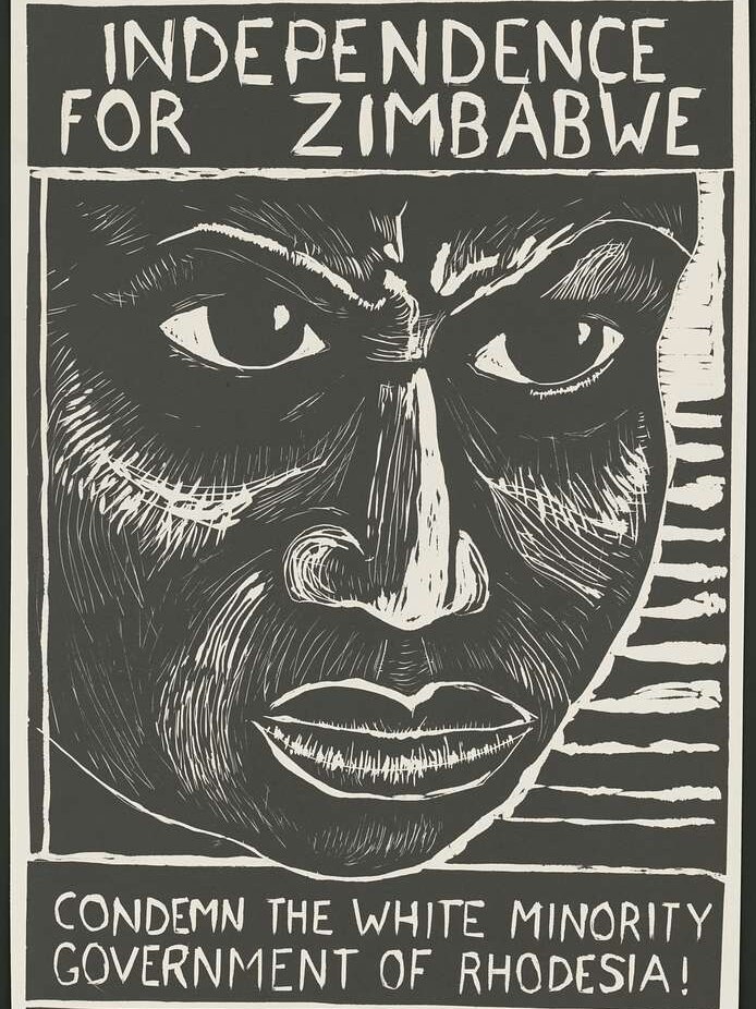 A black and white poster shows a close-up image of a Zimbabwean that reads 'Independence for Zimbabwe'