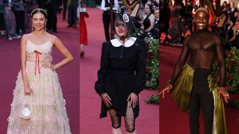 A composite of three red carpet looks