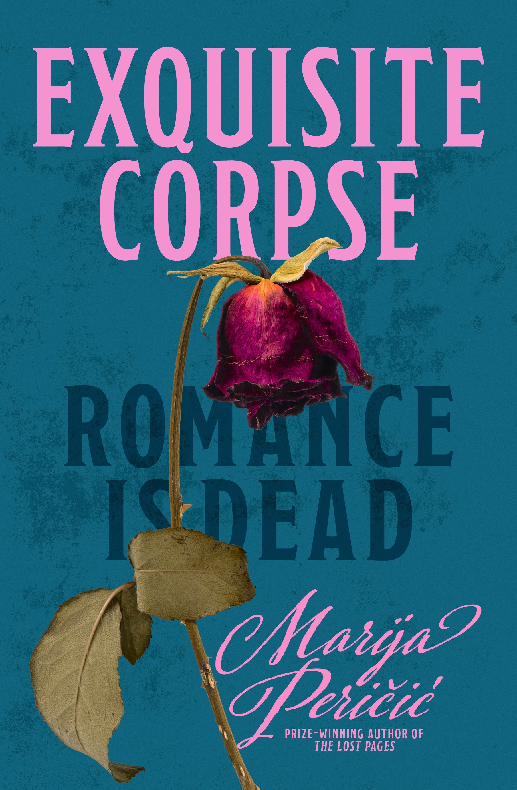 A book cover showing a wilting red rose and pink text on a blue background.