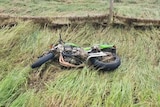  A green bike on its side in grass near a fence.