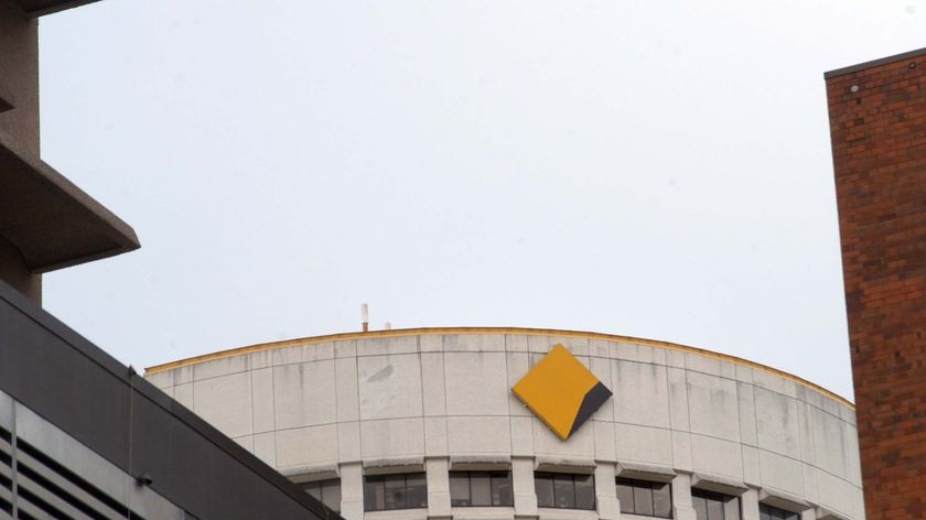 The Commonwealth Bank of Australia logo sits on the side of its main office in Brisbane