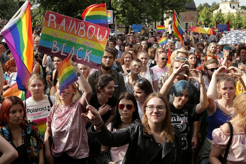 A large group of people wave rainbow flags and signs in the street.