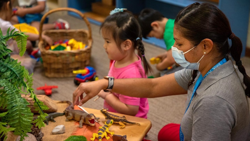 A childcare worker plays with plastic dinosaurs with a young child.