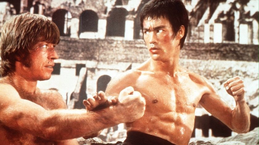 Film still: Bruce Lee and Chuck Norris.
