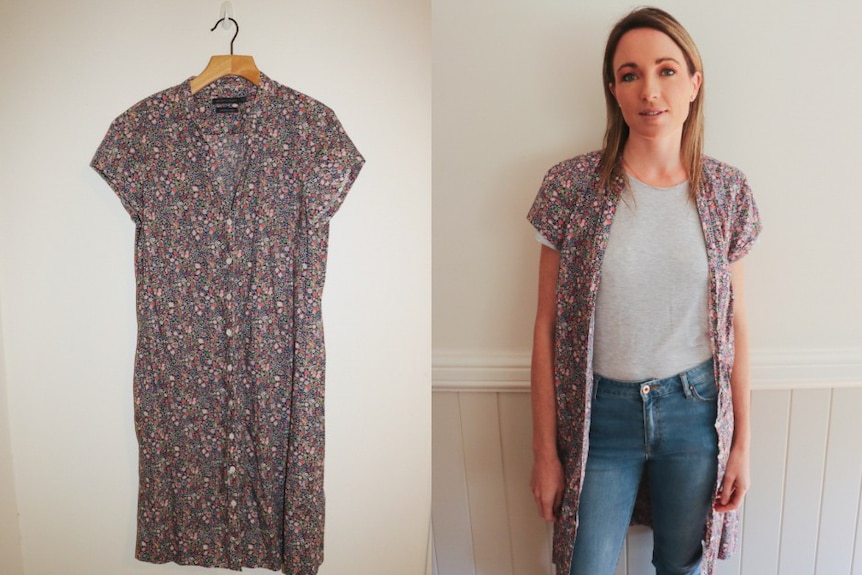 Jane models a floral dress over jeans, an example of using old garments in new and exciting ways for an affordable makeover