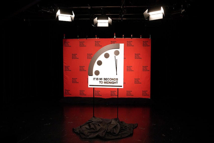 The Doomsday Clock stands in a studio.