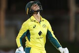 Ash Gardner looks up to the sky after being dismissed in an ODI between Australia and South Africa.