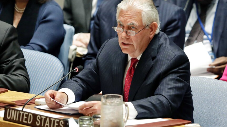 US Secretary of State Rex Tillerson addresses the Security Council at United Nations headquarters.