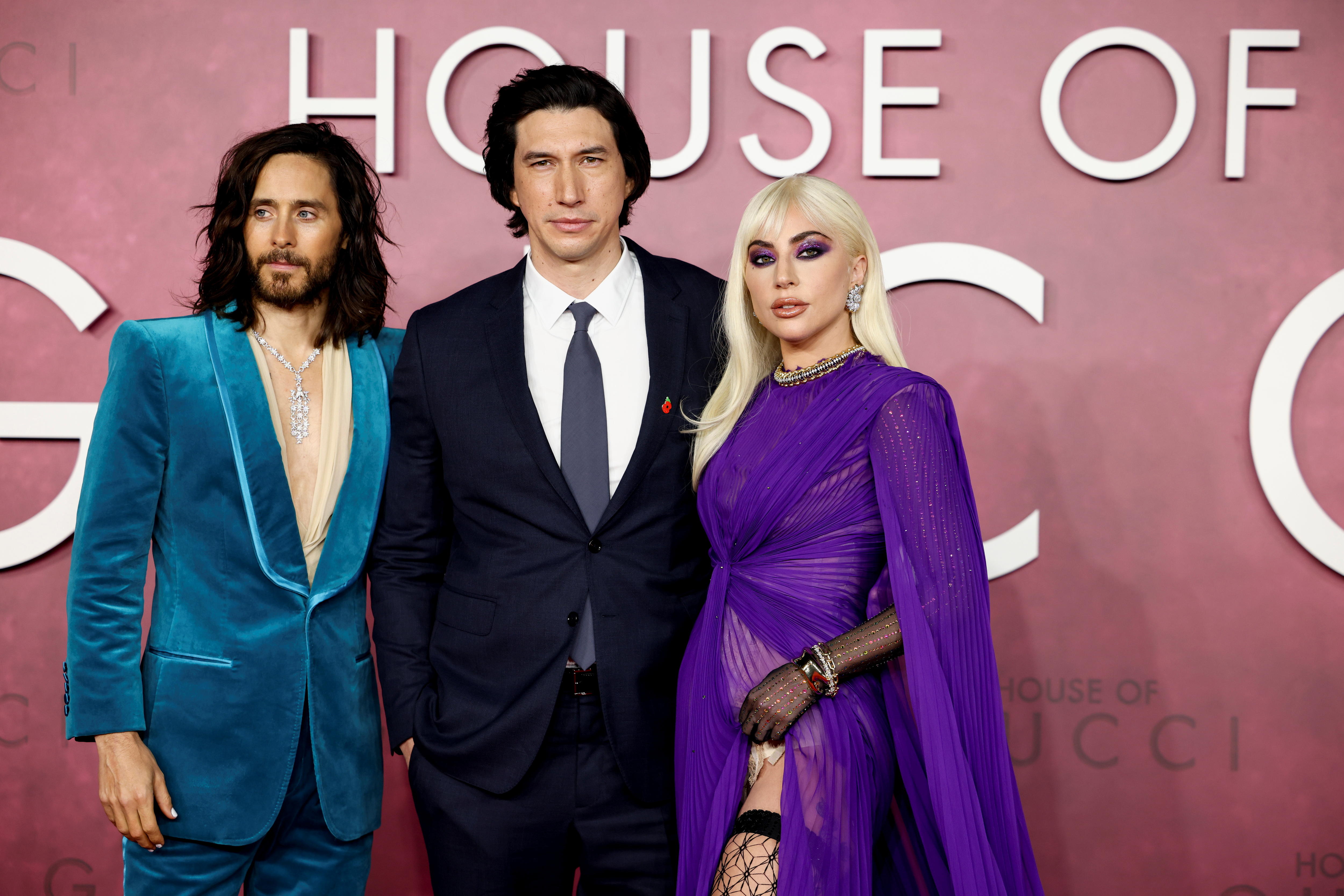 Cast members Jared Leto, Adam Driver, and Lady Gaga arrive at the premiere of House of Gucci at Leicester Square in London.