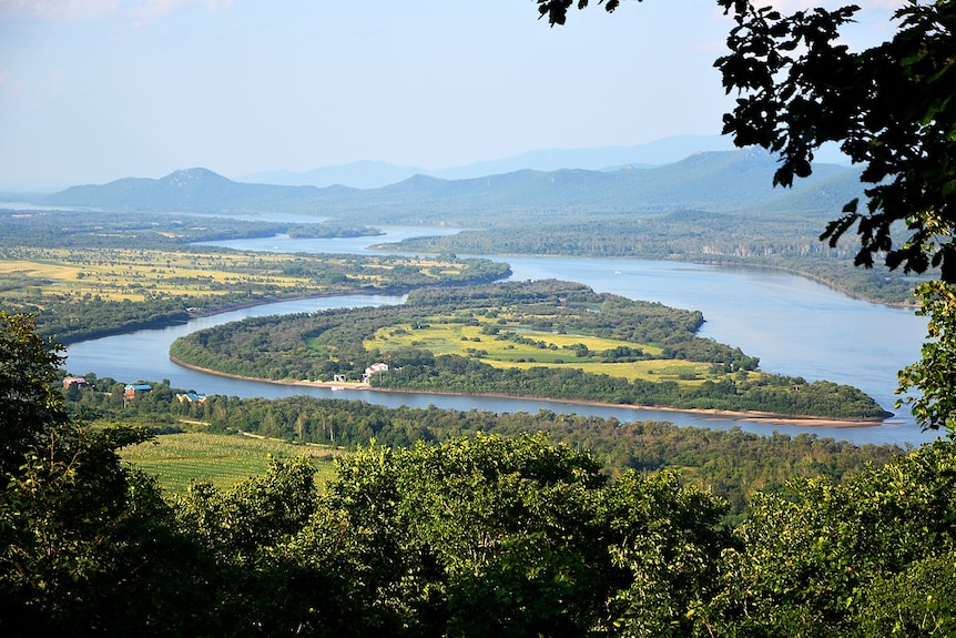 Aerial shot of the Ussuri river meandering with the green island of Zhenbao in the centre.