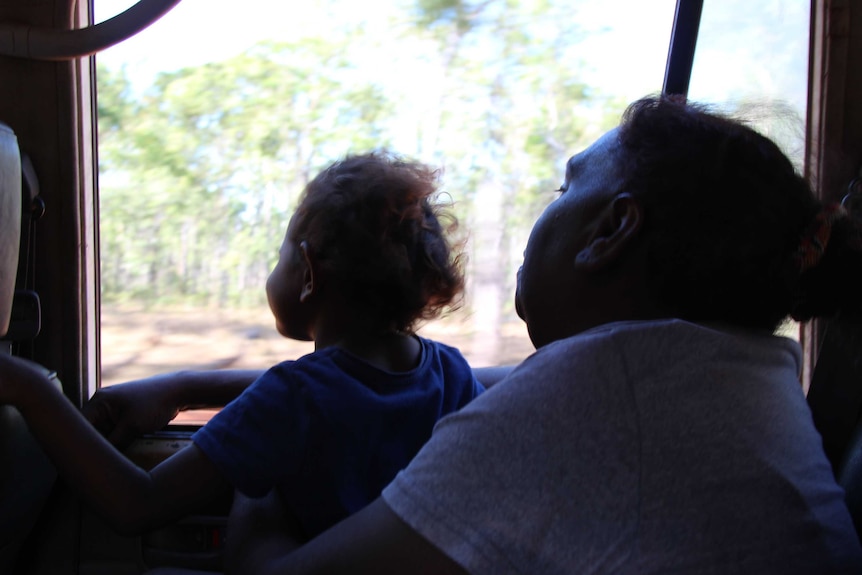 A woman and young child looking out the window to the Australian bush from a car.