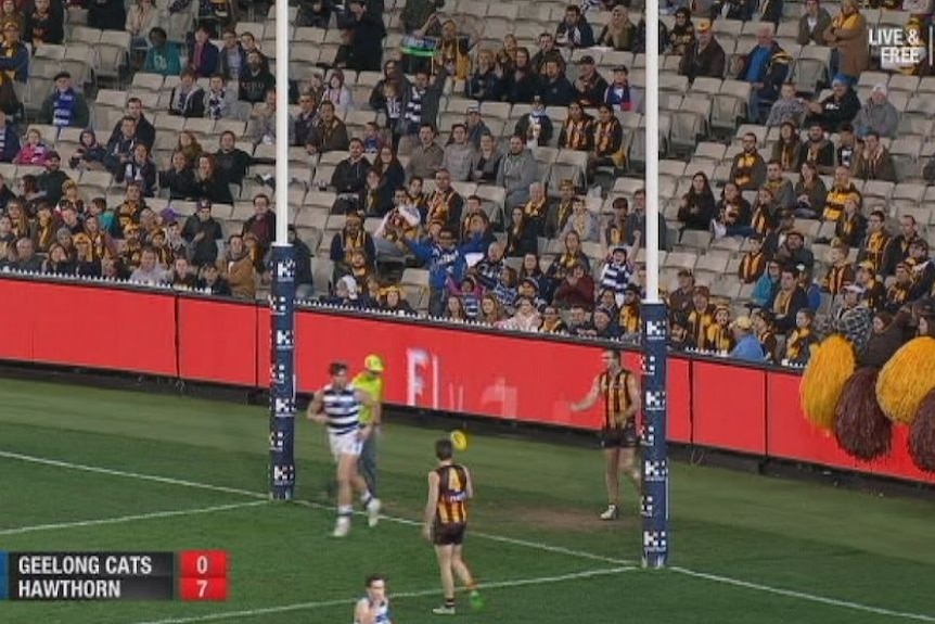 a screenshot of an AFL game on TV, with goal posts and the score in the left corner