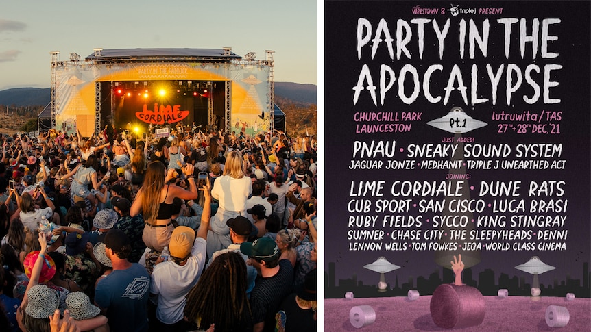 A collage of Lime Cordiale performing live at Party In The Paddock and the 2021 lineup poster